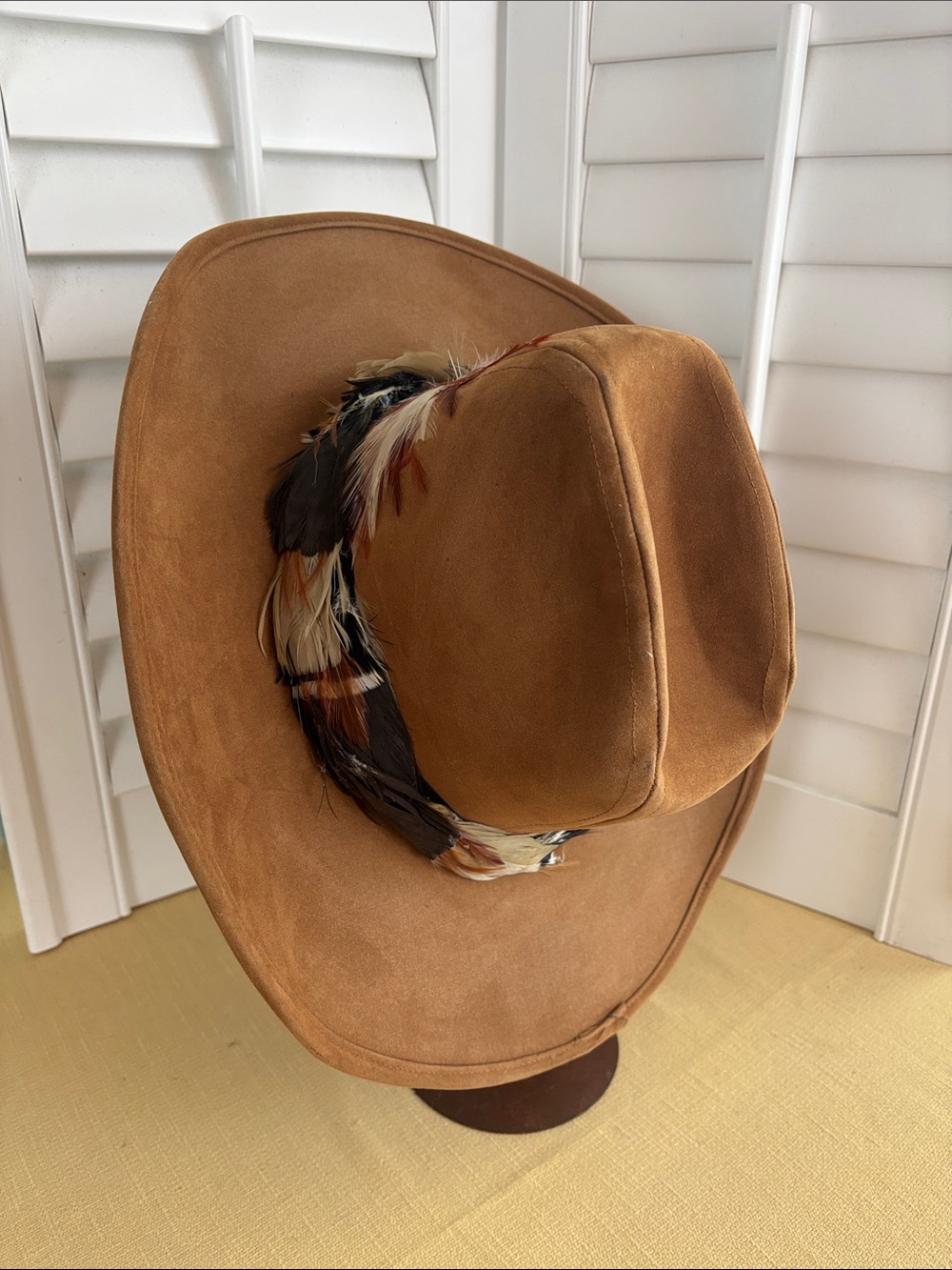 Vintage Tan Felt Cowboy Hat w/ Multicolored Feathers